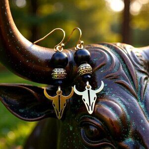 Gold & Black Taurus Earrings! Cowgirls Cow Longhorn Steer Cattle Bull Skull
